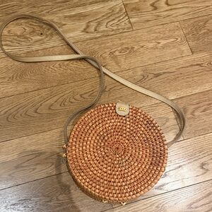 Amazon Round Woven Crossbody Bag in Natural Brown with Tan Strap